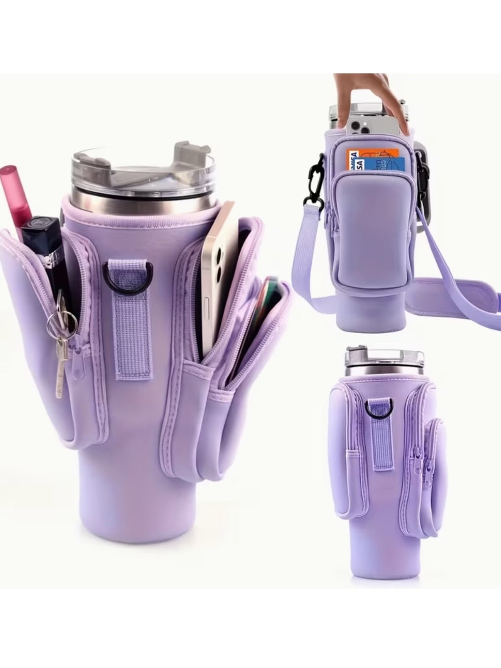 Purple Tumbler Holder with Adjustable Strap and Pockets